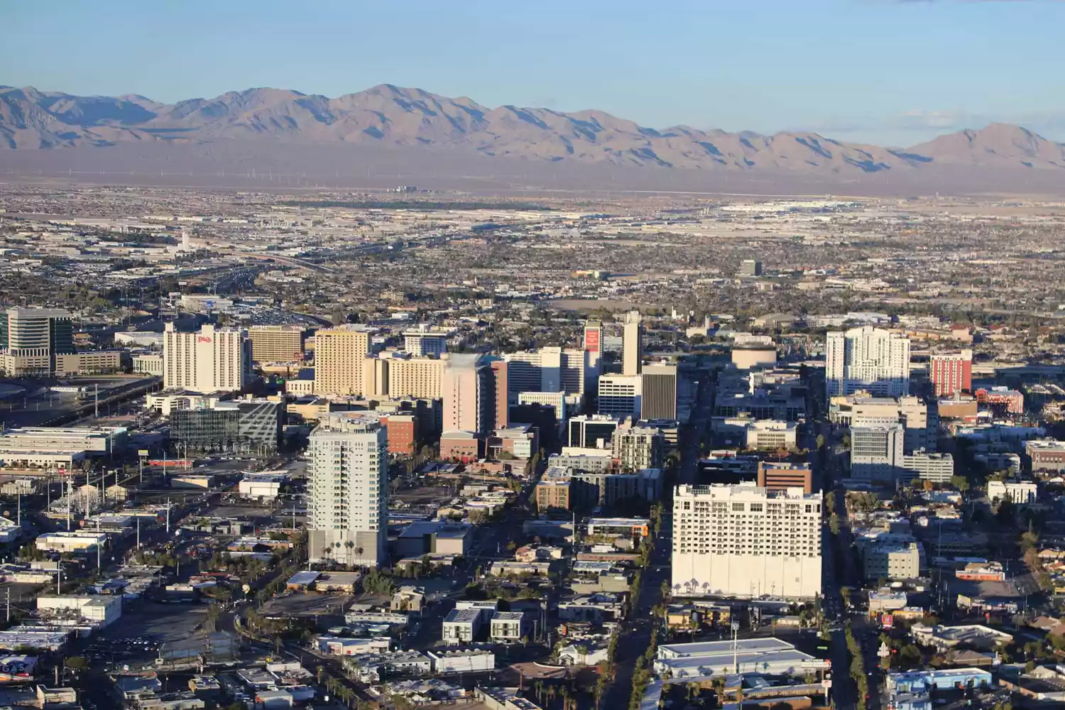 High angle aerial view of the Downtown Las Vegas area.