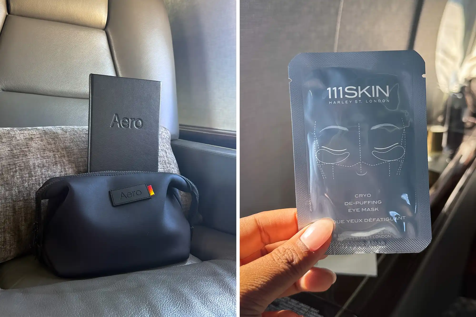 A 111Skin amenity kit and face mask being held in a private jet cabin.