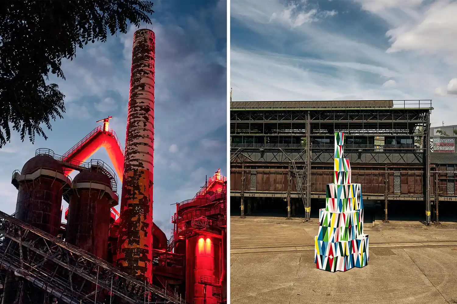 The industrial exterior of Völklingen Ironworks next to a colorful modern art installation.