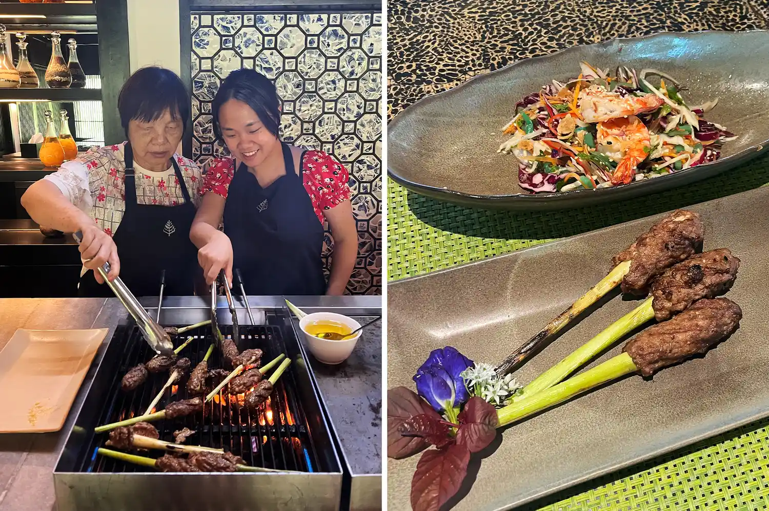 A family group learning to grill traditional Vietnamese food at a luxury resort cooking academy.