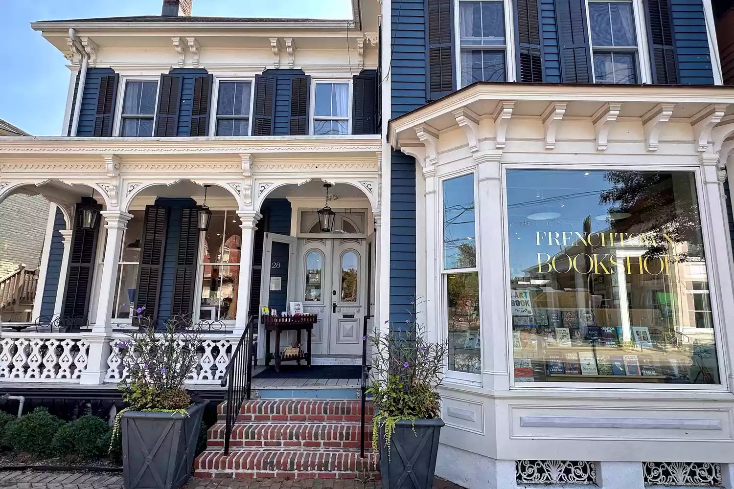 Exterior view of the historic Frenchtown Bookshop building with its classic architecture and porch.