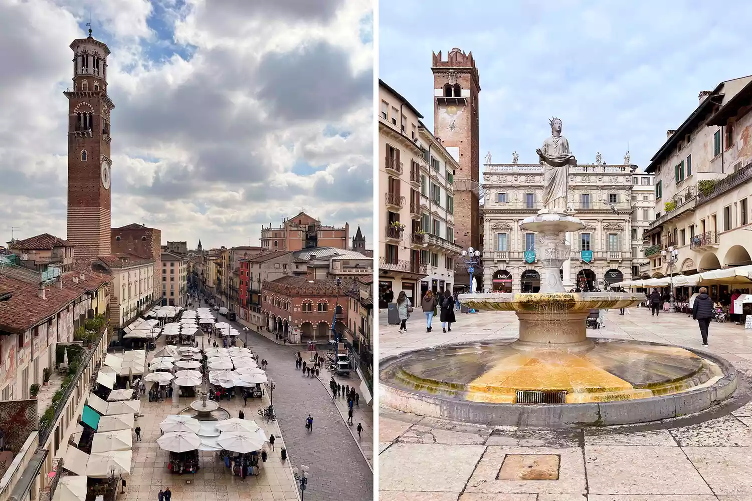 Wide shots of vibrant public squares and historical buildings in Verona, Italy.