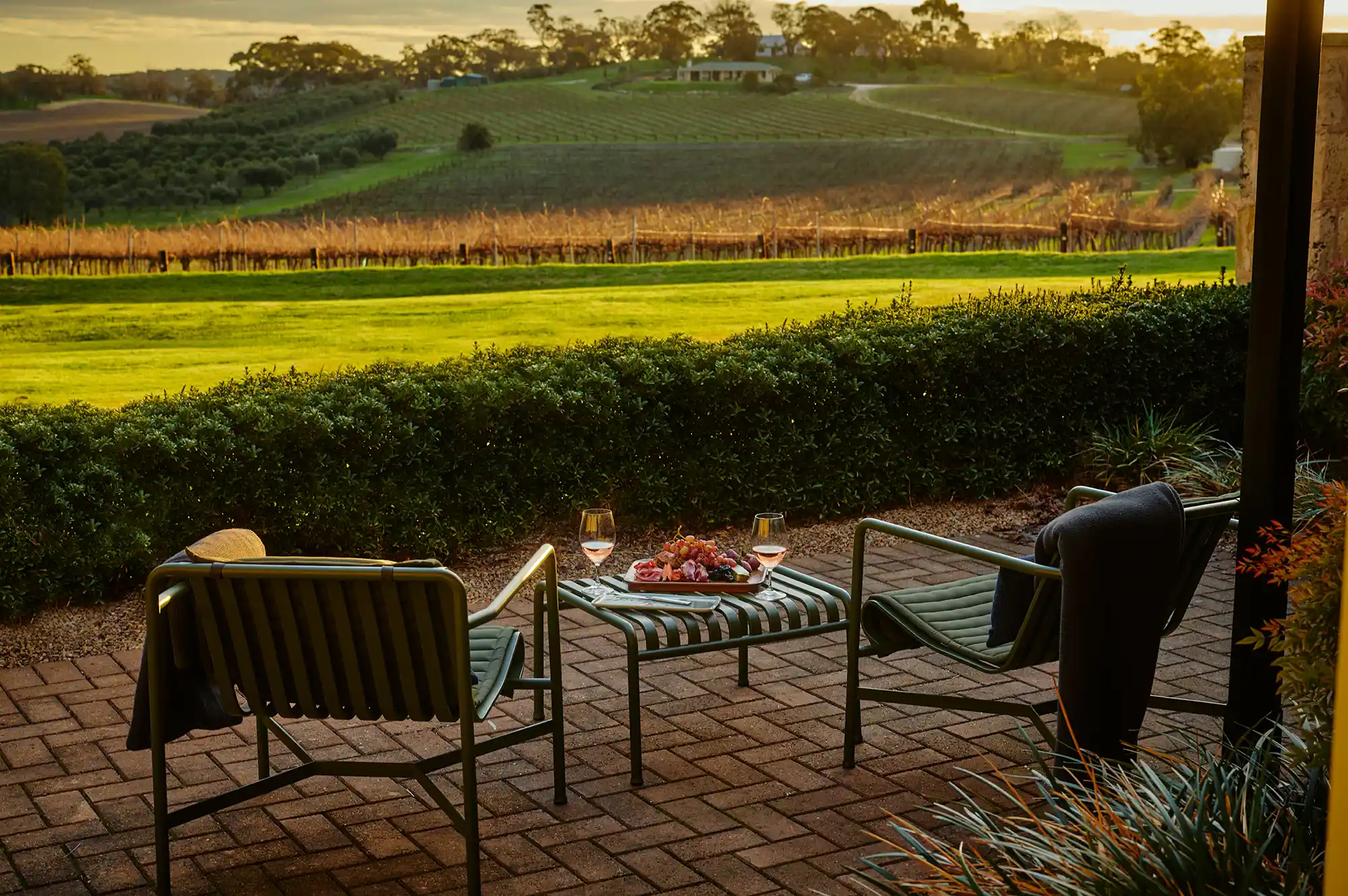 Two chairs and a table with snacks set against a scenic vineyard during a sunny day.