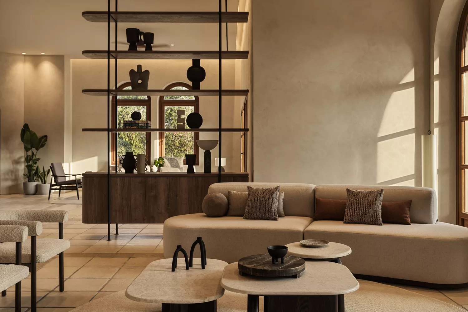The elegant and modern lobby interior of the Lindian Village hotel.