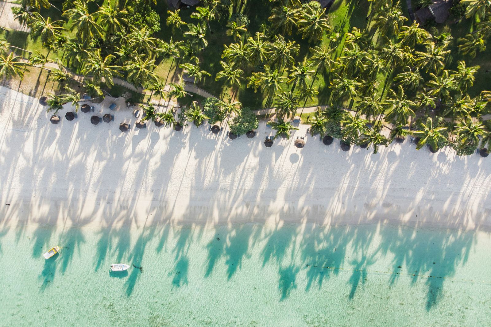 A tropical beach with clear blue water and lush green trees along the shoreline.