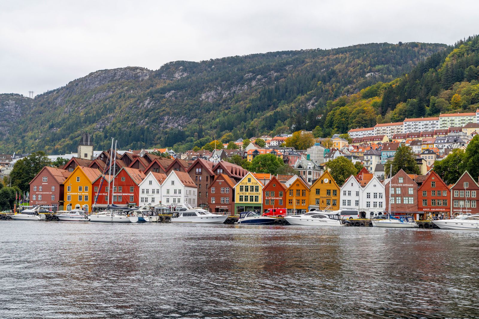 A scenic European coastal village with traditional architecture, orange-roofed buildings, and boats at a dock.