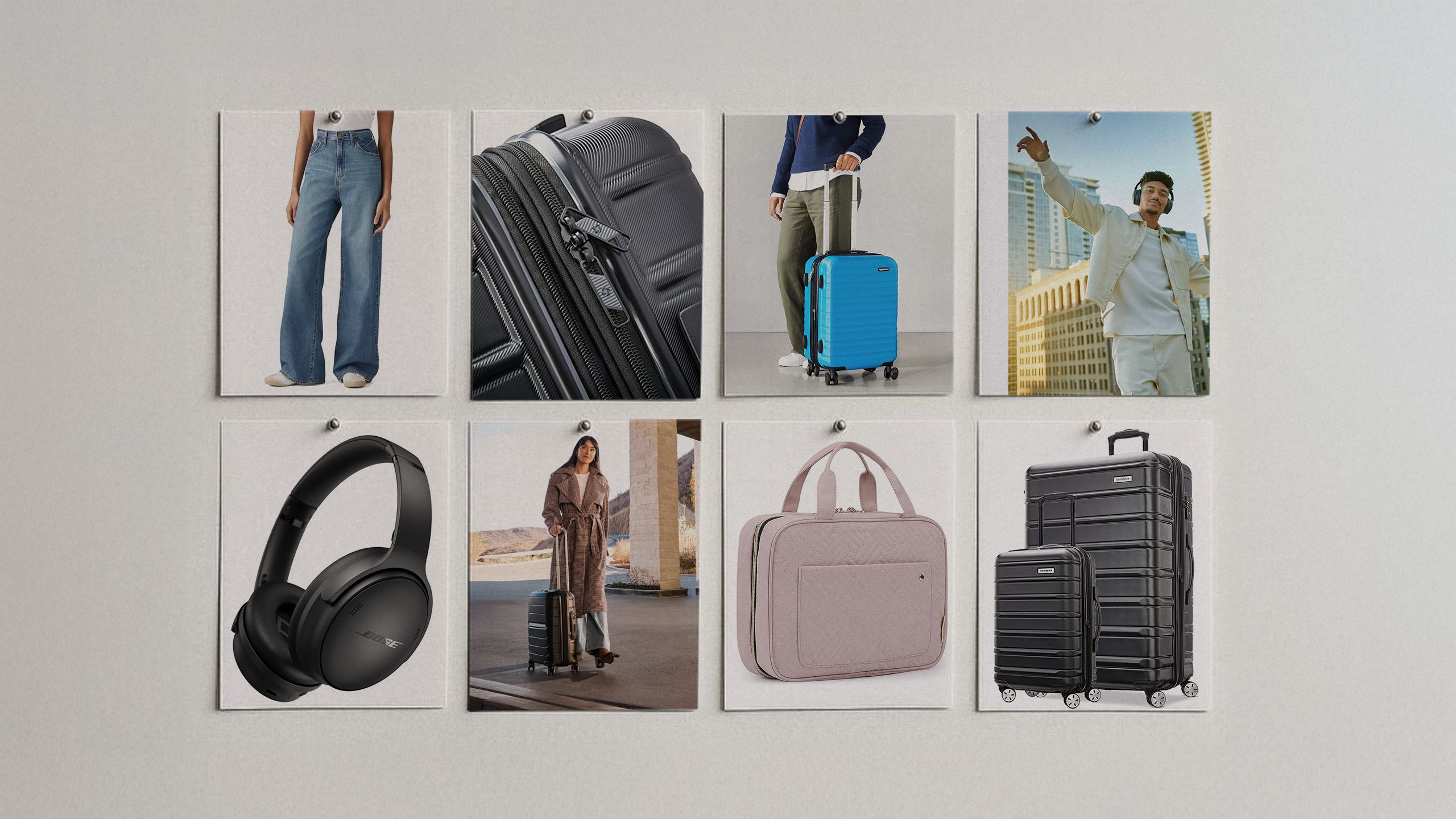 A woman standing with various suitcases and travel bags during a trip.