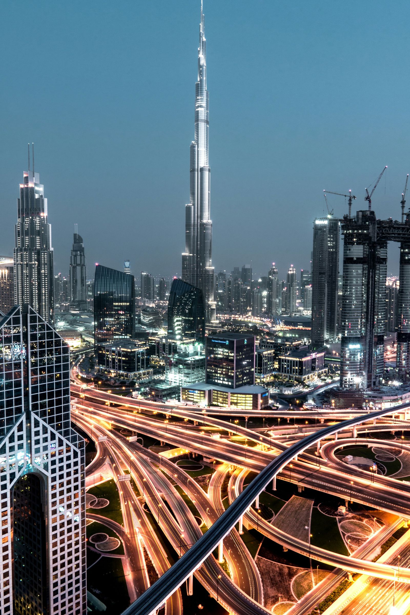 View of the Burj Khalifa and the Dubai skyline under construction.