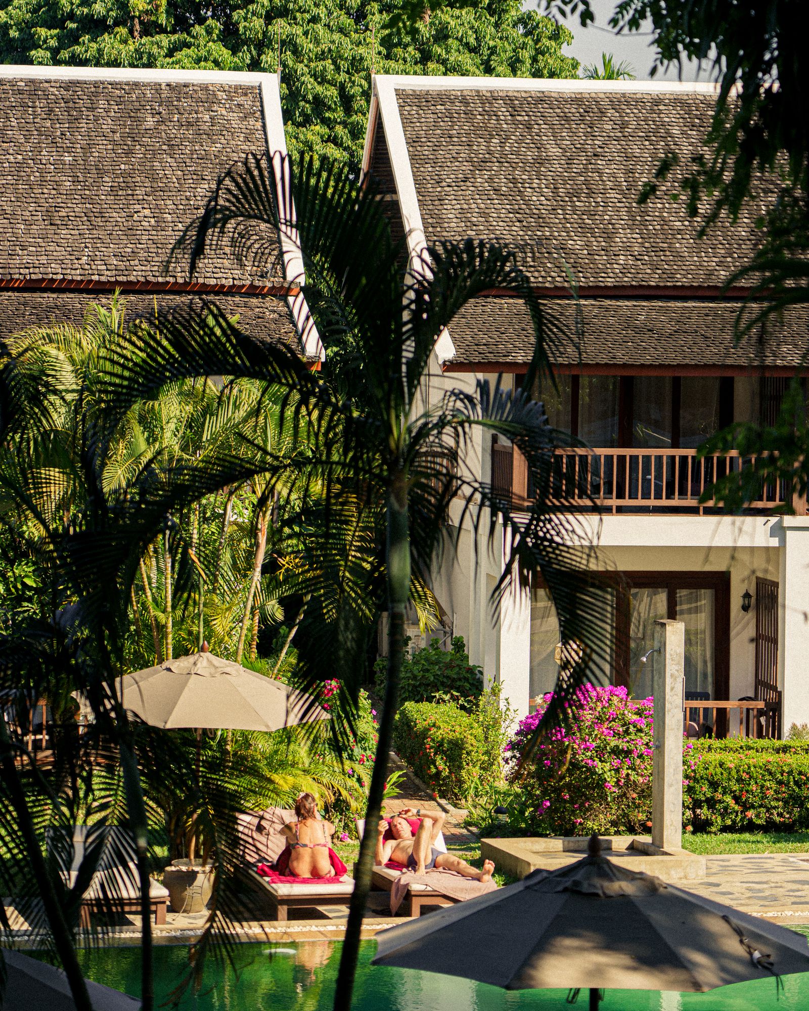 A luxury boutique resort villa in Laos surrounded by tropical vegetation and a swimming pool.