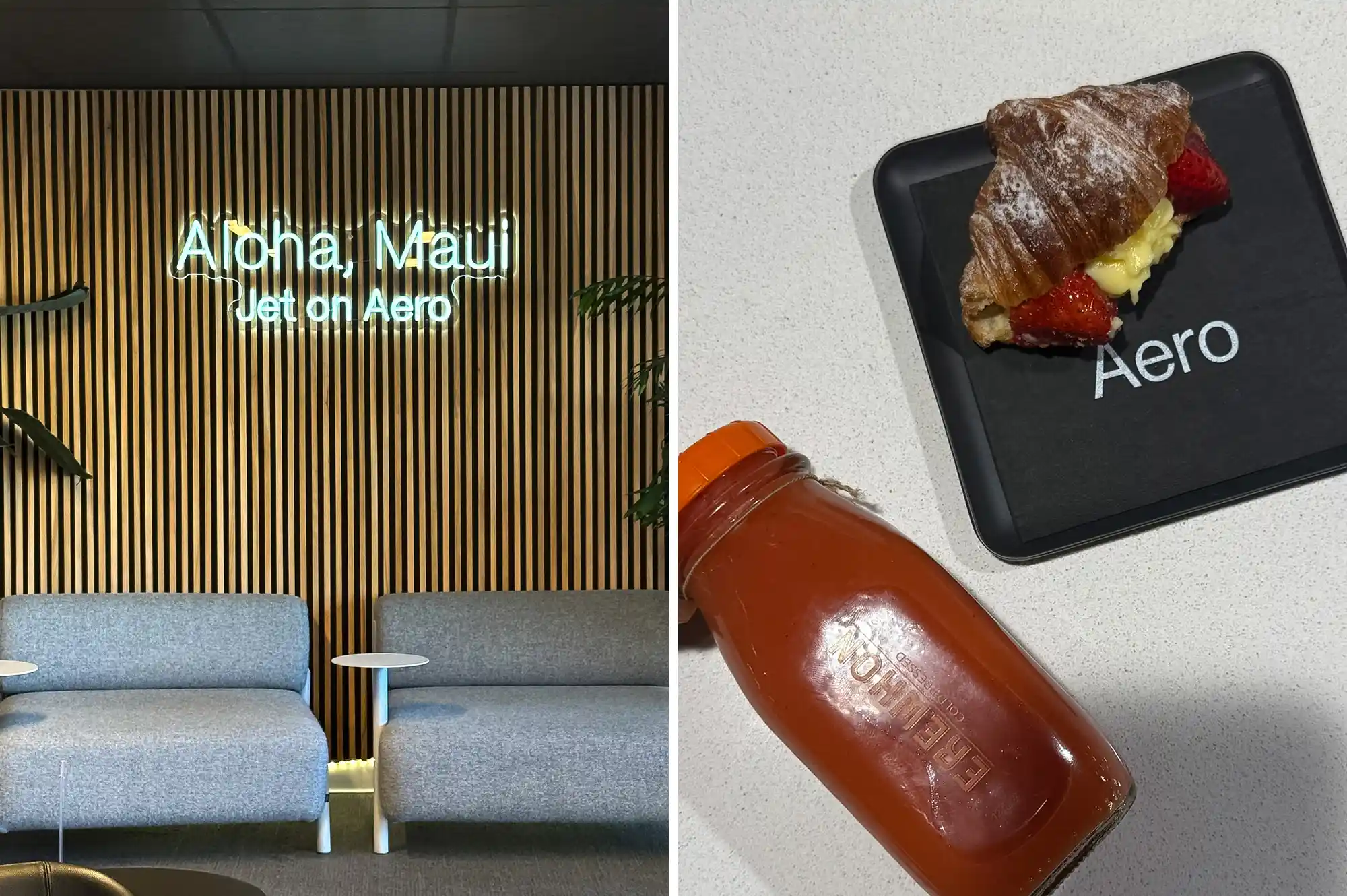 A lounge area with an 'Aloha Maui' neon sign and a fresh breakfast spread.