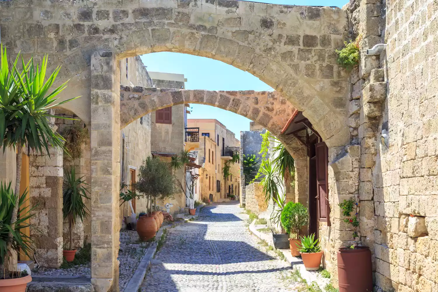 A narrow cobblestone street in Rhodes Old Town lined with stone buildings and blooming flowers.