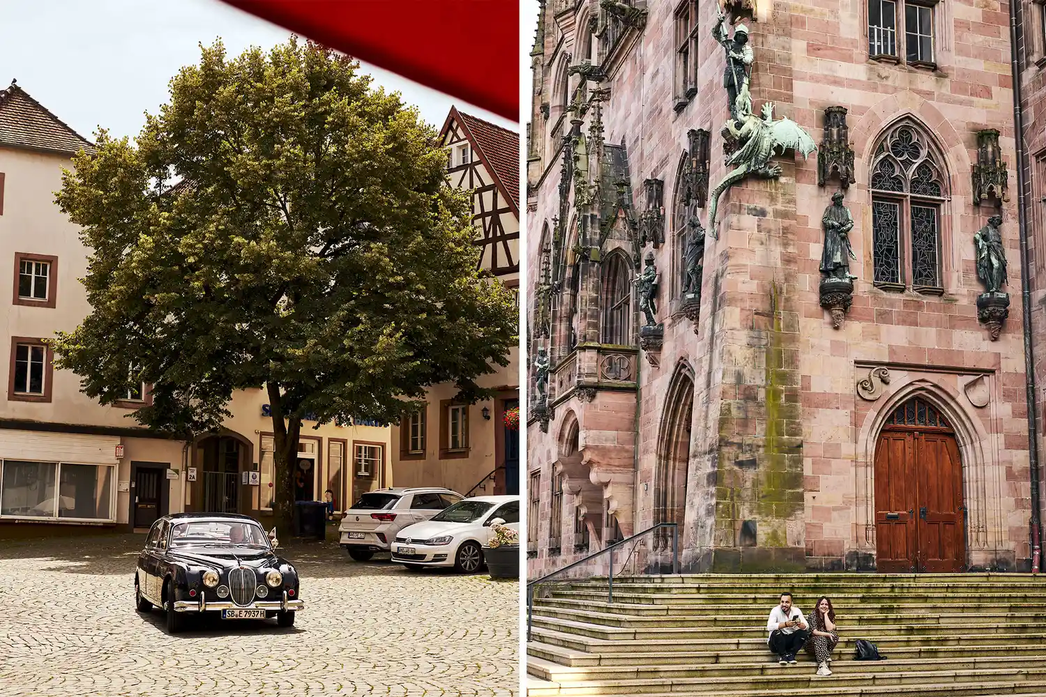 A vintage Jaguar in Sankt Wendel and the historic City Hall in Saarbrücken.