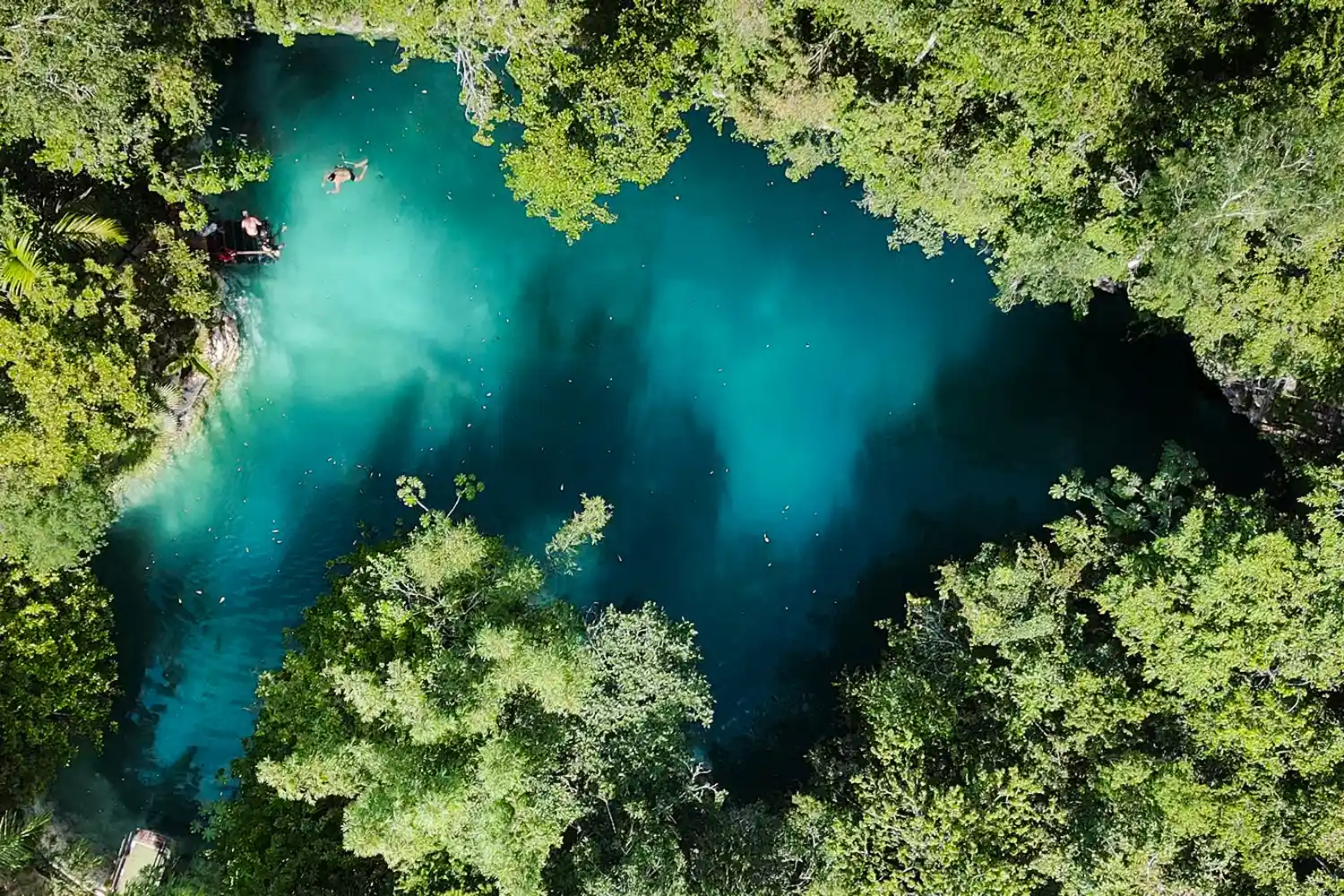 An aerial view of a crystal clear cenote surrounded by lush tropical forest.